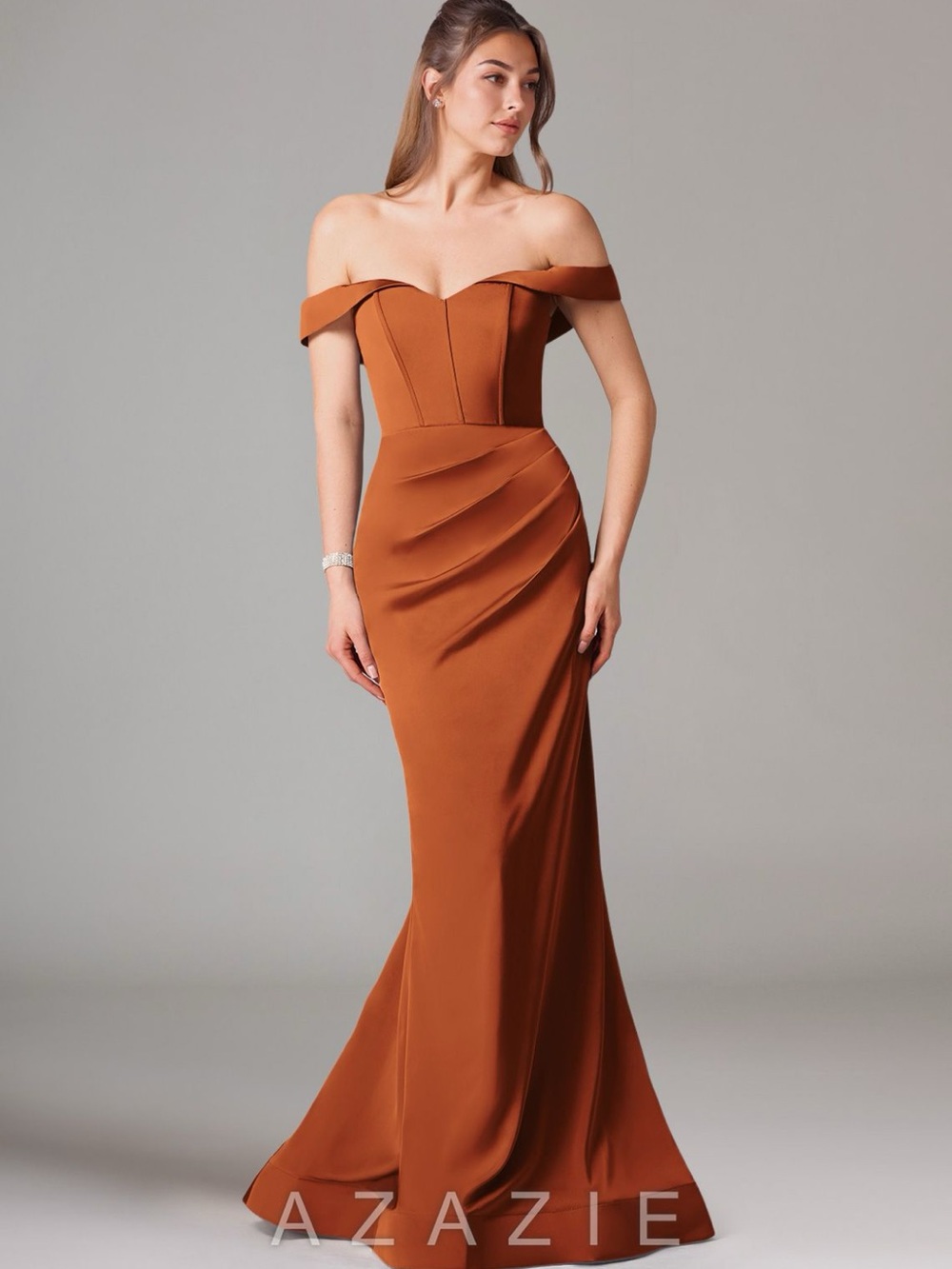 Azazie Burnt Orange One-Shoulder Mermaid Gown